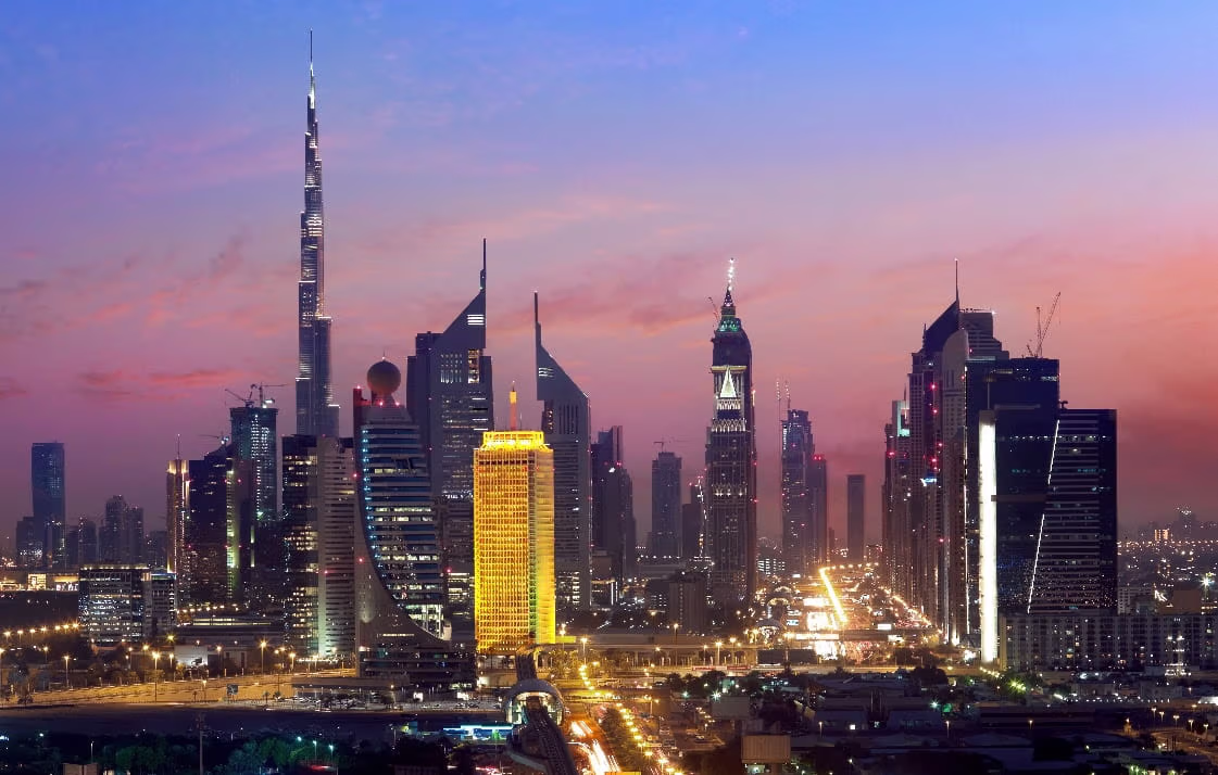 Dubai World Trade Centre at golden hour